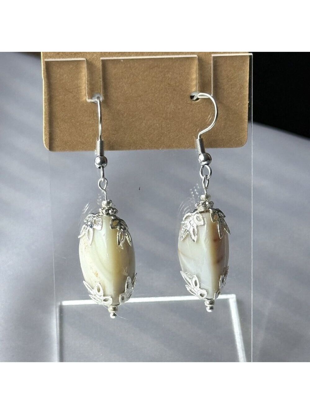 Agate Dangle Earrings Natural Stone Silver Tone